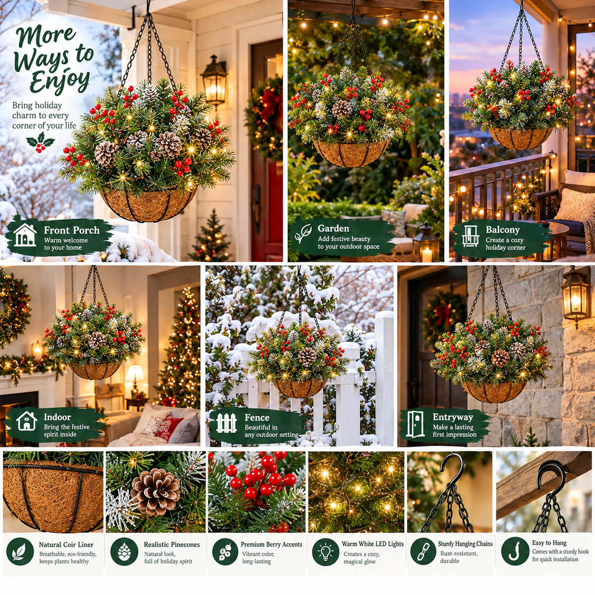 Last Day 50% OFF🏆Pre-Lit Christmas Hanging Basket |🎄 Pre-lit, weather-resistant, and zero maintenance
